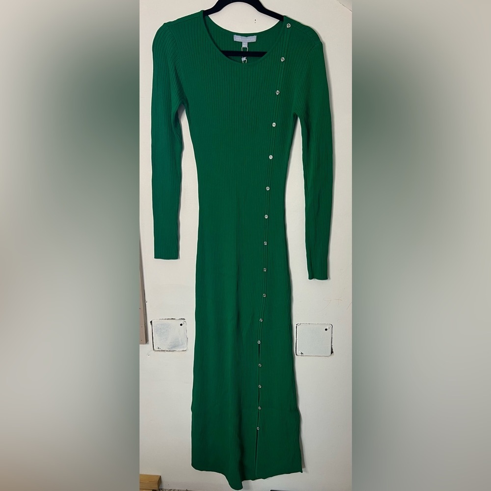 🏷️ Antonio Melani Nora Ribbed Knit Long Sleeve Maxi Dress. Size Small inPine NWT